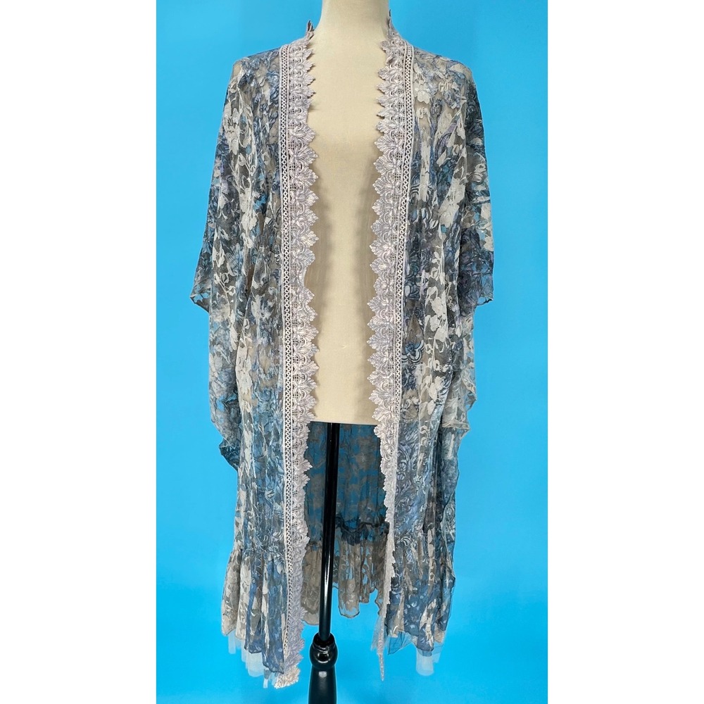 Angel Heart Boutique Blue Floral Lace Kimono Duster Plus Size OLS-4302 Boho Trim